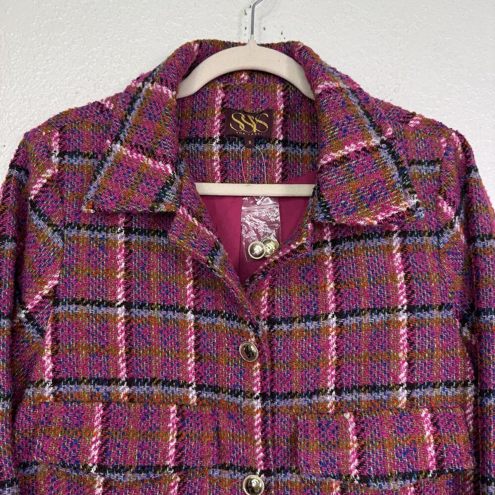 SSYS The Label Jacket Womens Small Carrie Magenta Tweed Plaid Gold Button Preppy - Picture 5 of 10